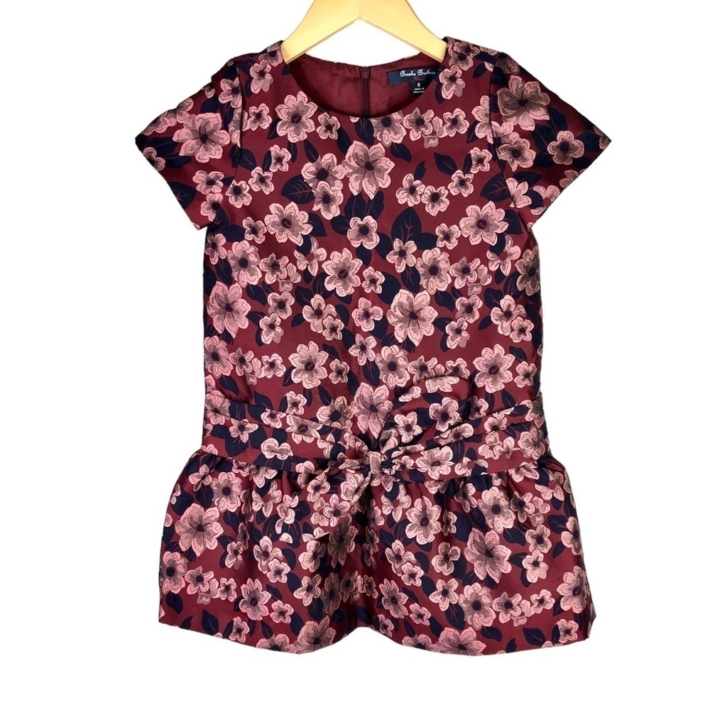 Brooks Brothers girl's formal dress floral jacquard wine pink navy drop waist 8